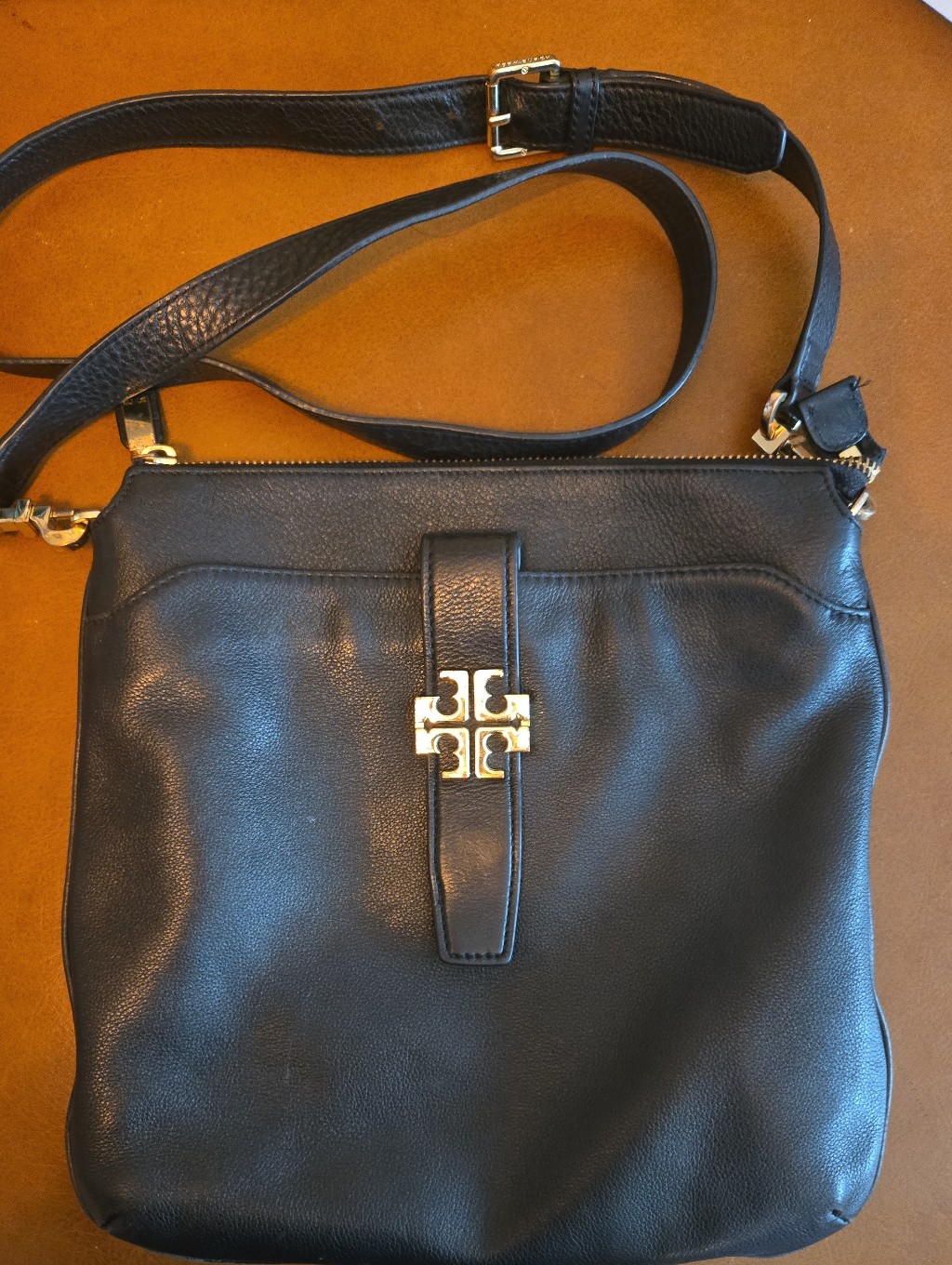 Vintage Tory Burch Black Pebbled Leather Crossbody Messenger Bag 12x12 Gold Logo